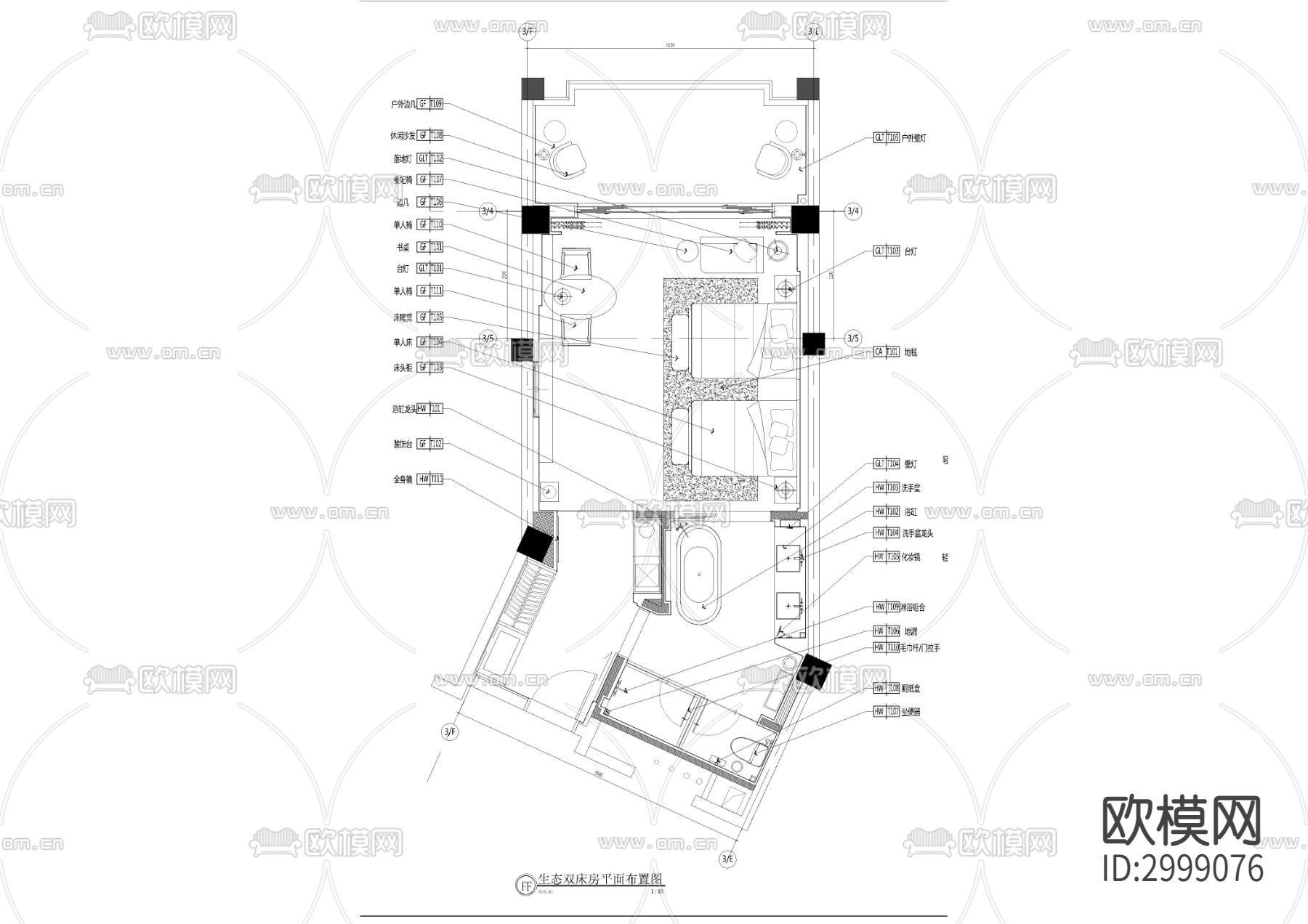 生态双床房酒店客房cad施工图下载（渲染图3）