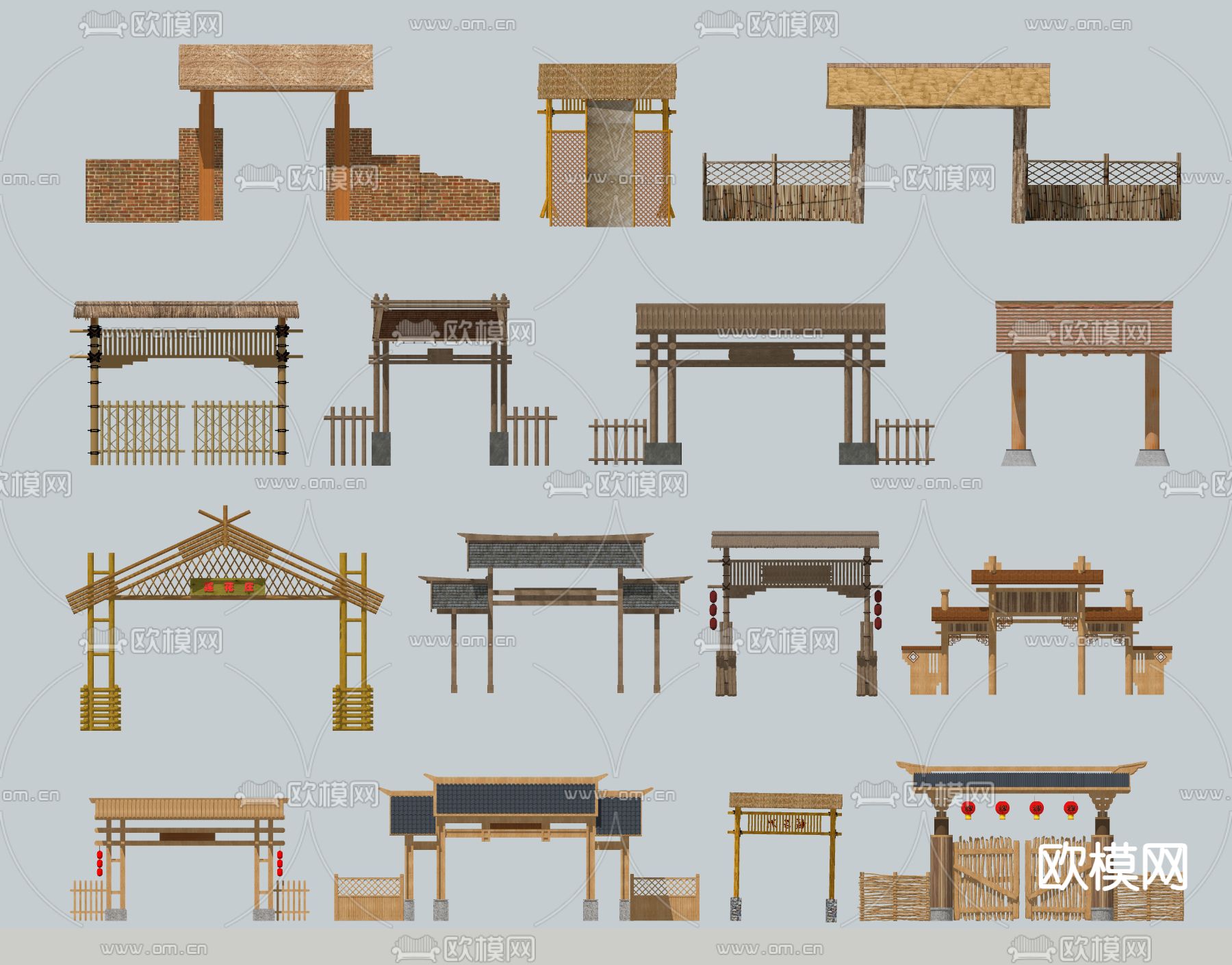 中式庭院门 门头 篱笆墙su模型