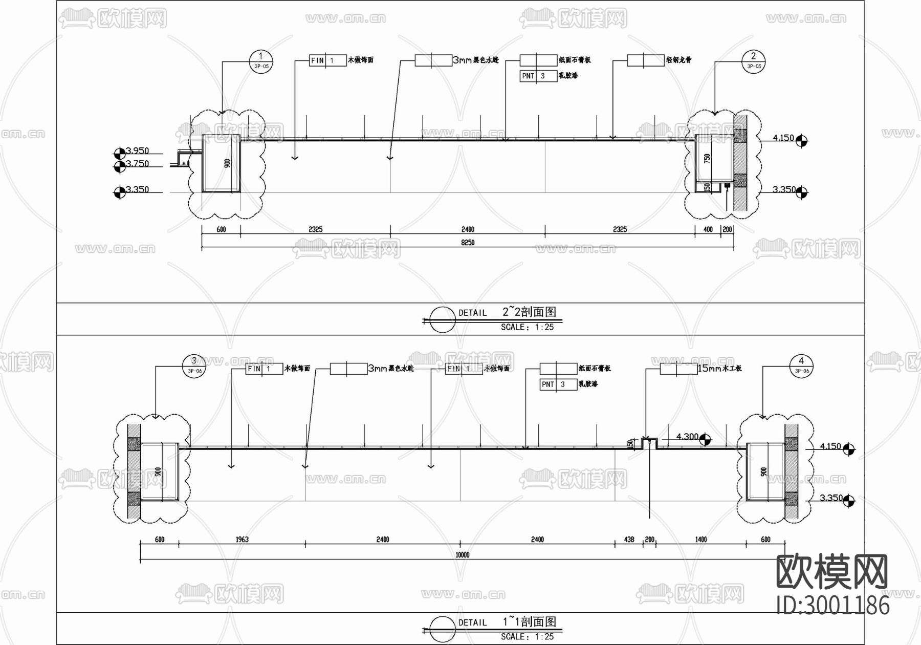 休闲吧天棚吊顶剖面cad大样图下载（渲染图3）