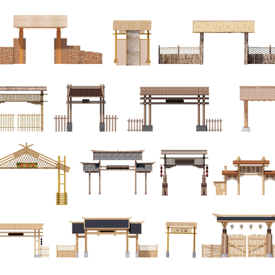 中式庭院门 门头 篱笆墙su模型