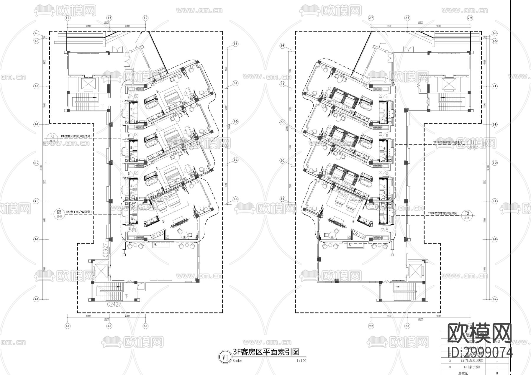 酒店设计客房层cad平面图下载（渲染图3）
