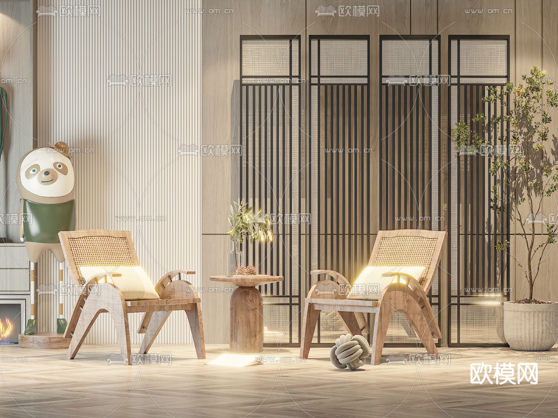 侘寂椅子 藤编休闲椅3d模型下载