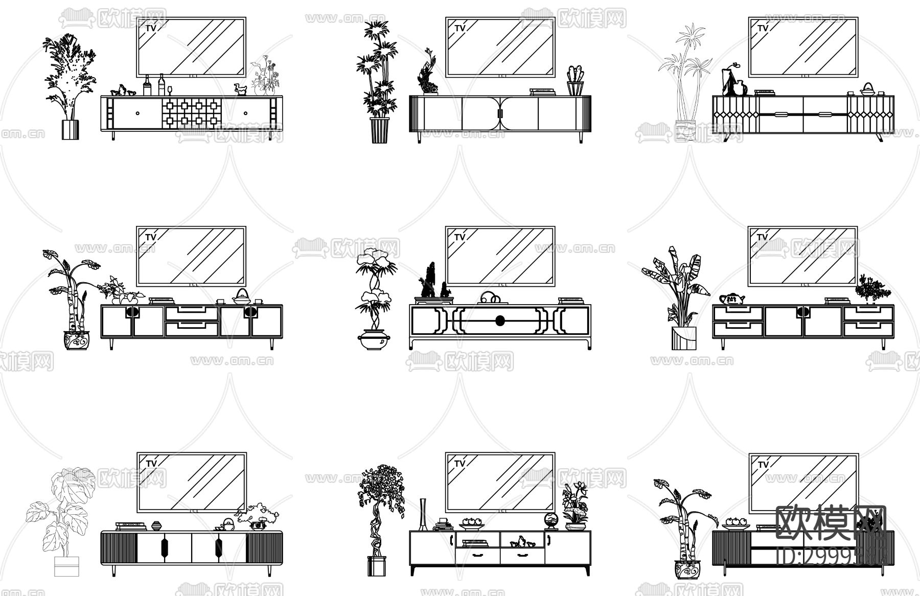 新中式现代电视柜组合cad图库下载