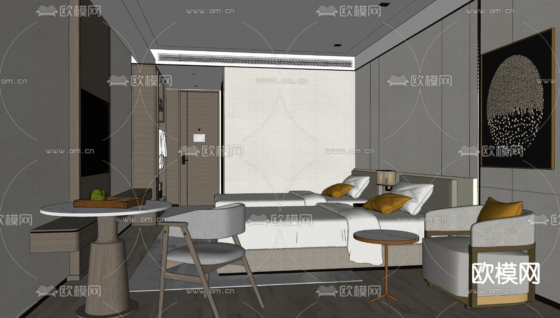 新中式酒店客房su模型下载（渲染图1）