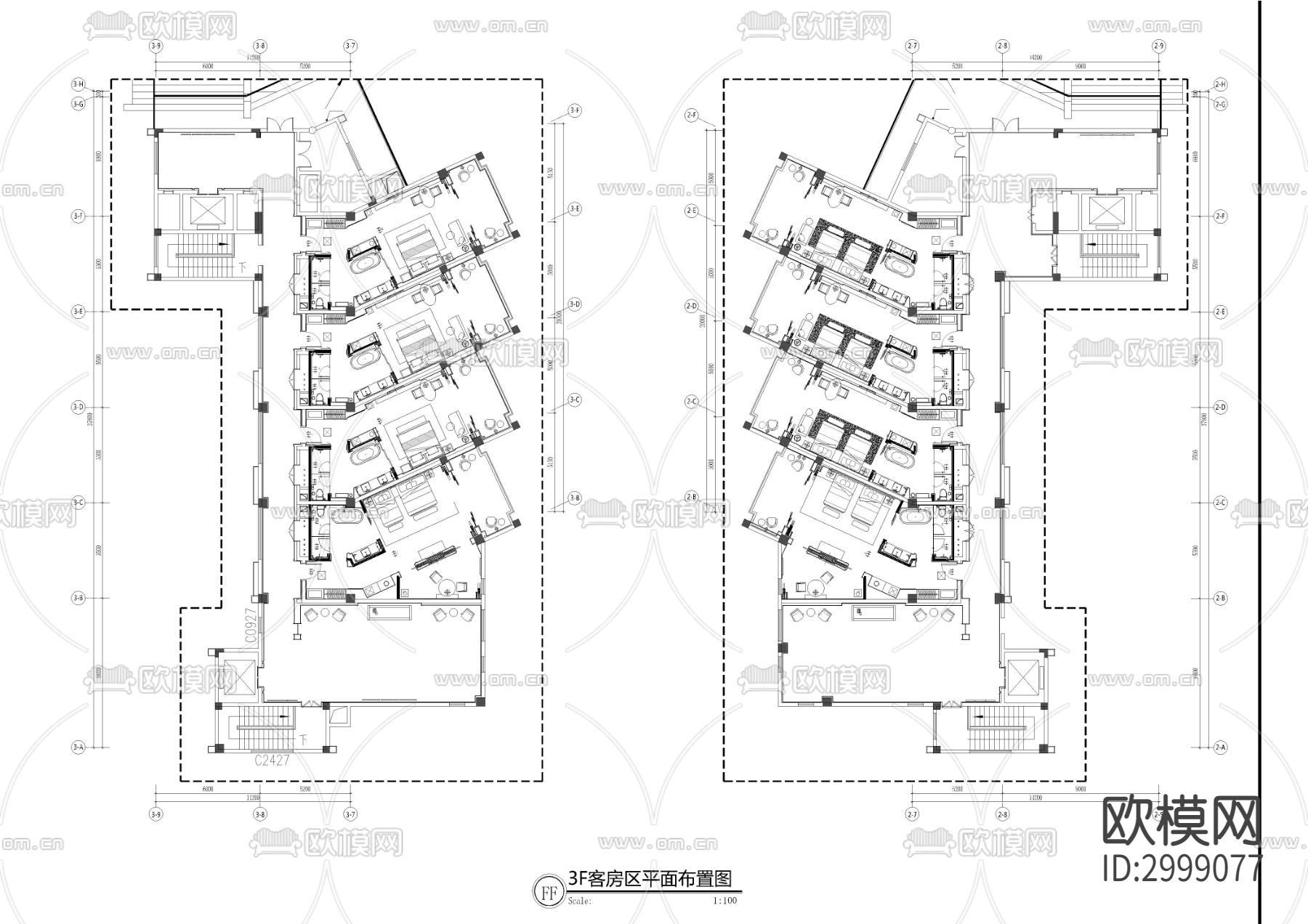 现代酒店客房层cad平面图下载（渲染图1）