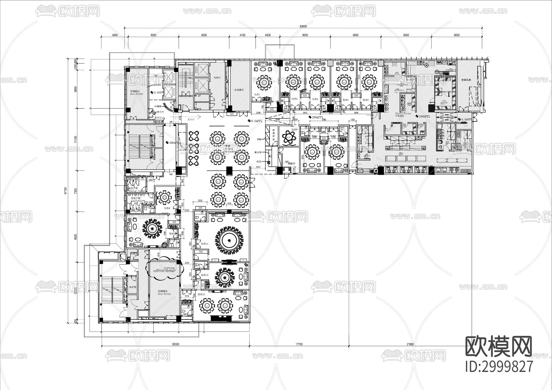 2000㎡中式酒楼餐厅cad平面图下载（渲染图2）