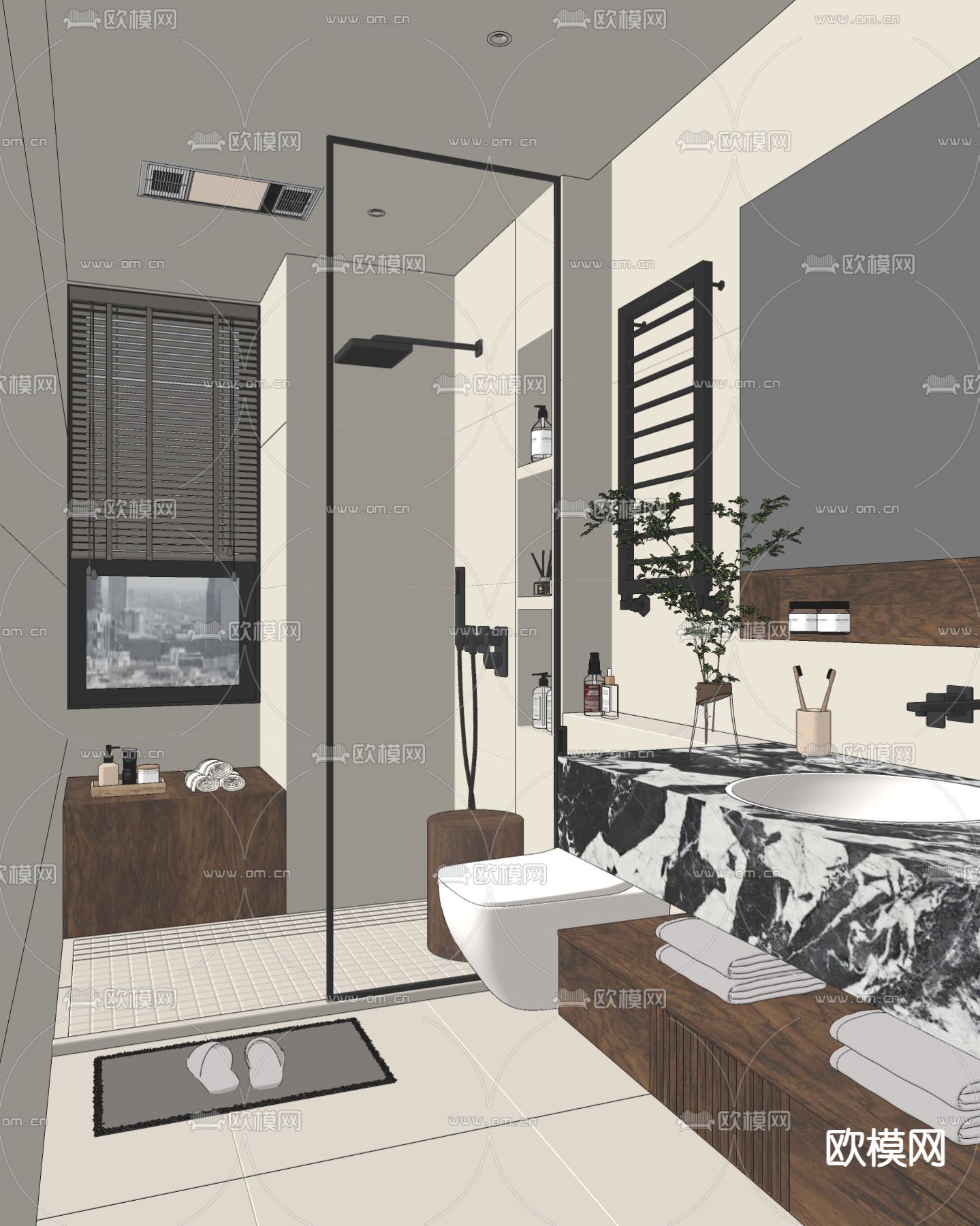 中古风卫生间 浴室su模型下载（渲染图1）