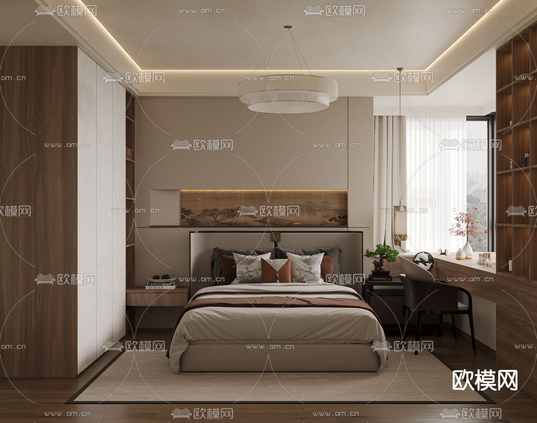 中式卧室 老人房 次卧3d模型下载（渲染图1）