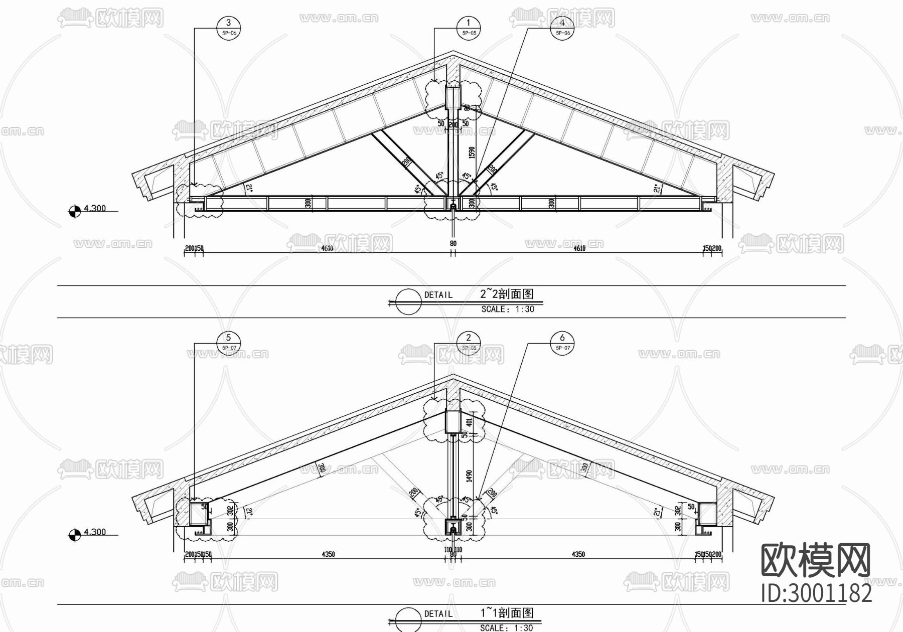 木饰面假梁 人字形斜屋面吊顶cad施工图下载（渲染图2）