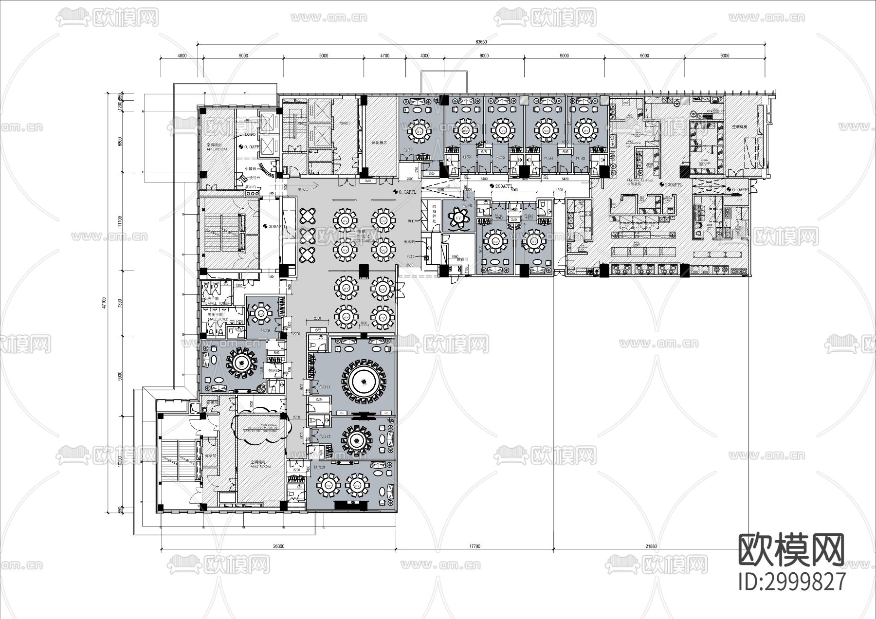 2000㎡中式酒楼餐厅cad平面图下载（渲染图1）