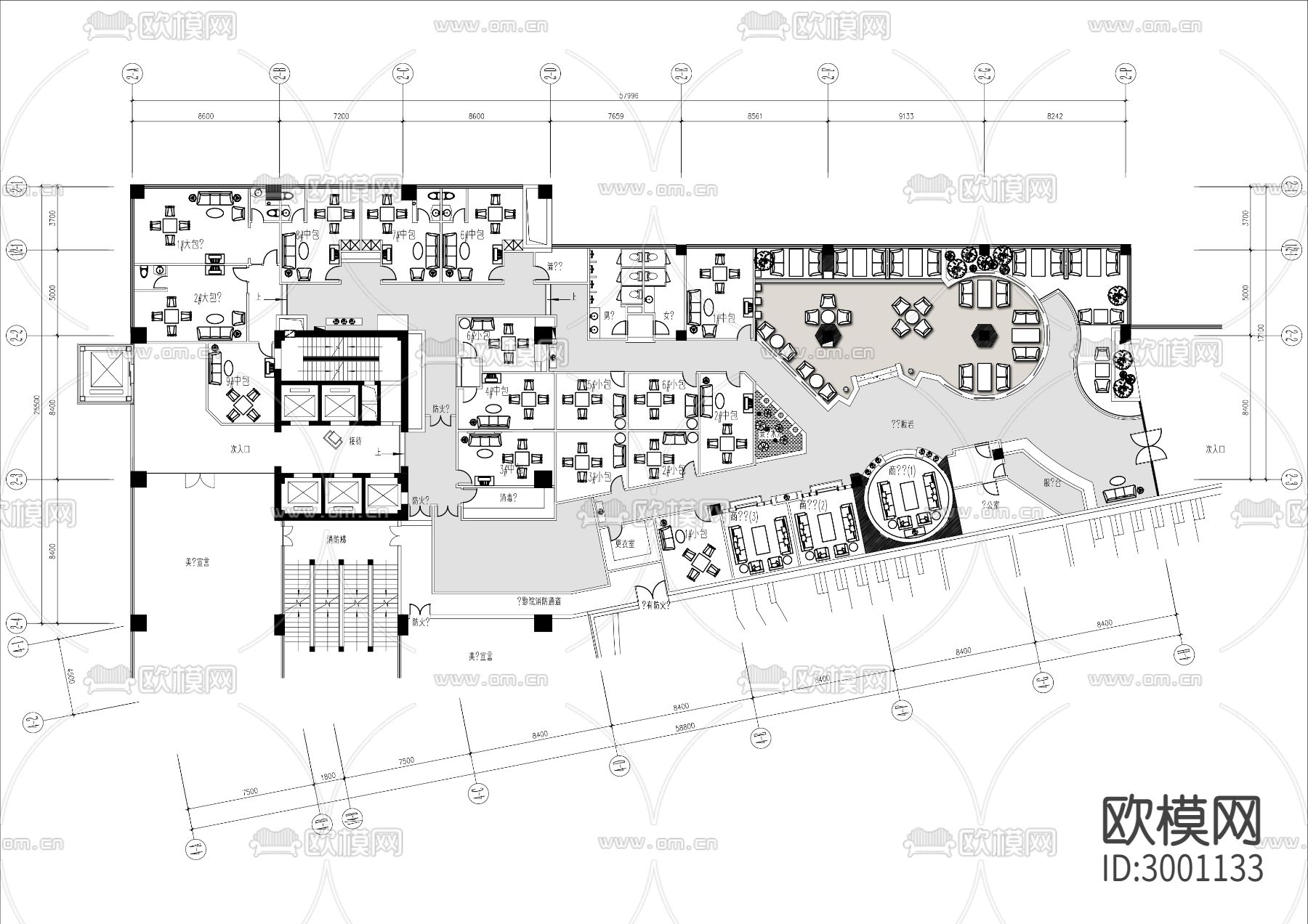 1500㎡茶楼棋牌室cad平面图下载
