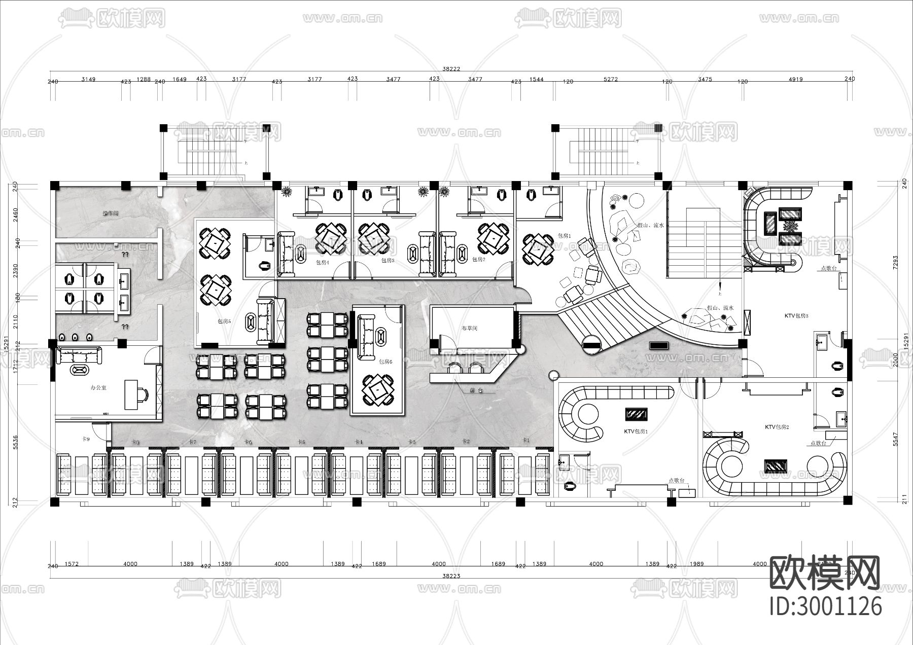 500㎡茶楼棋牌室cad平面图下载