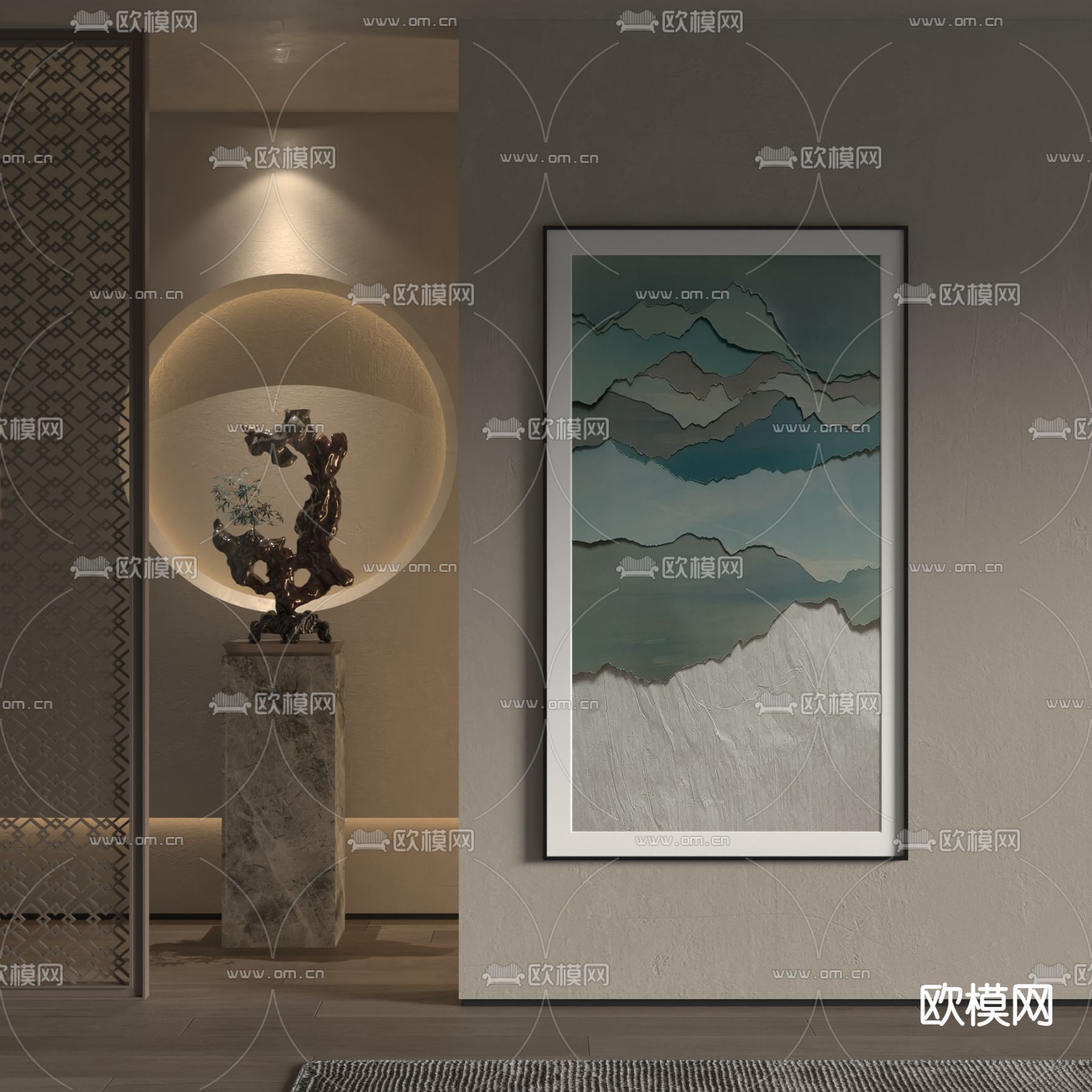 新中式装饰画 禅意挂画su模型下载（渲染图1）