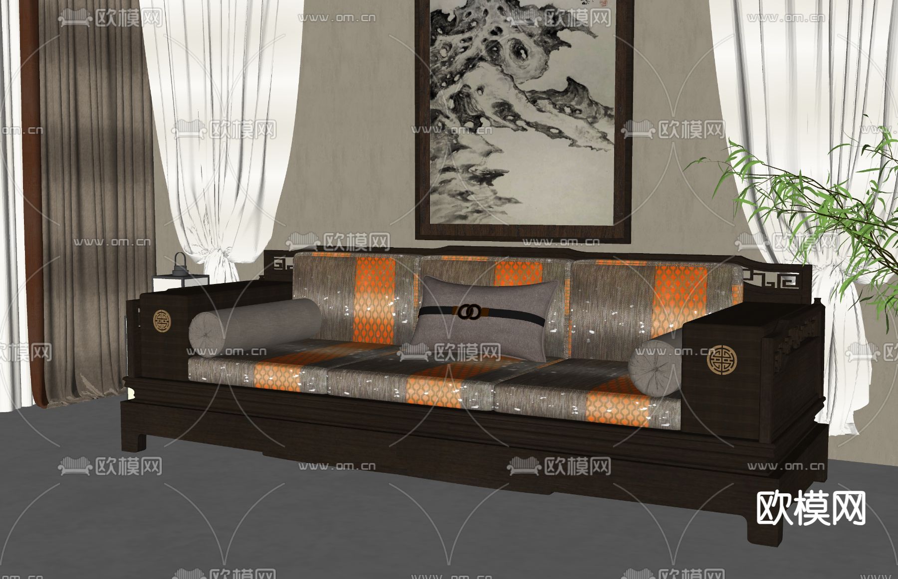 新中式多人沙发su模型下载（渲染图1）