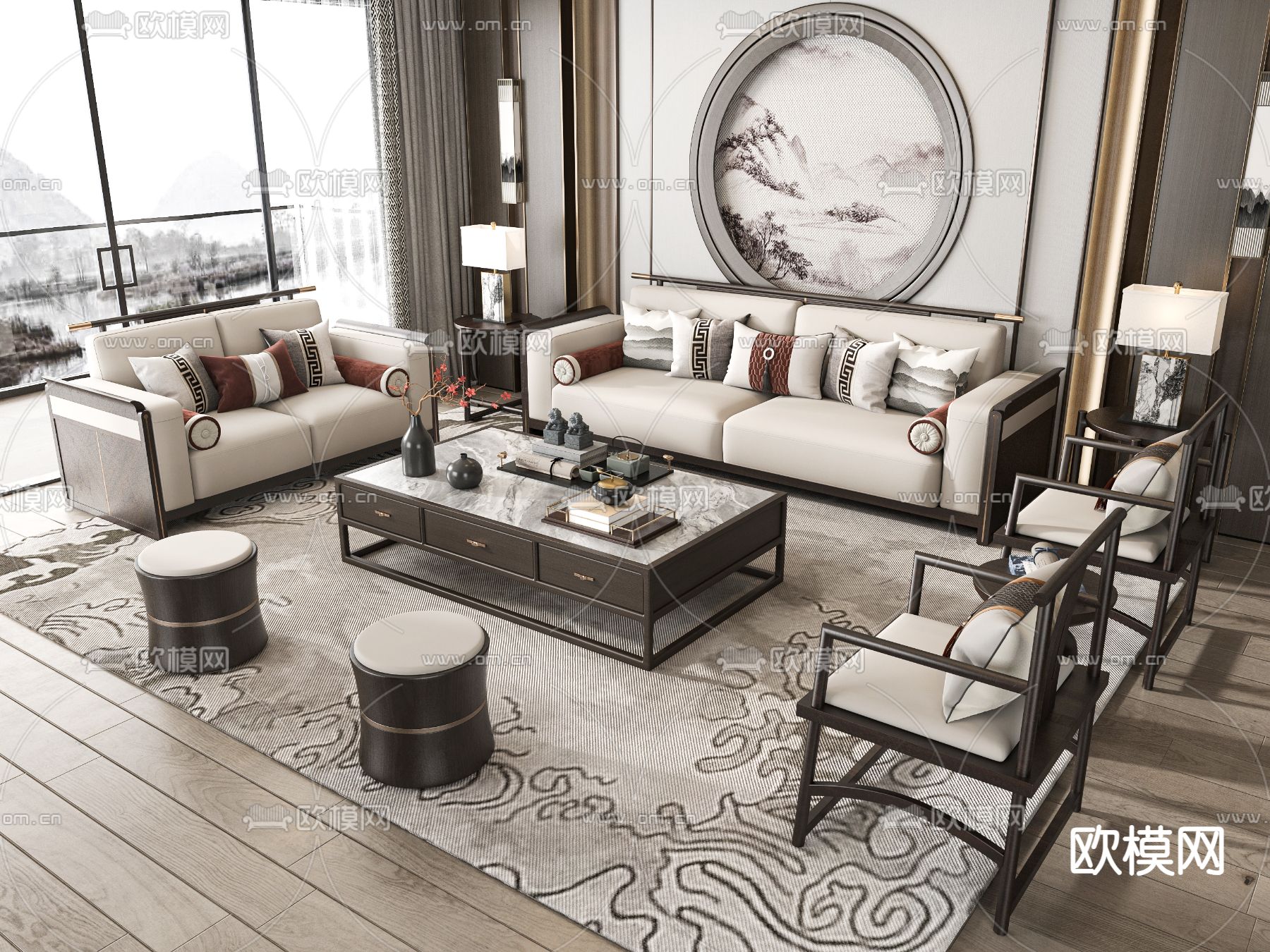 新中式组合沙发su模型下载（渲染图2）