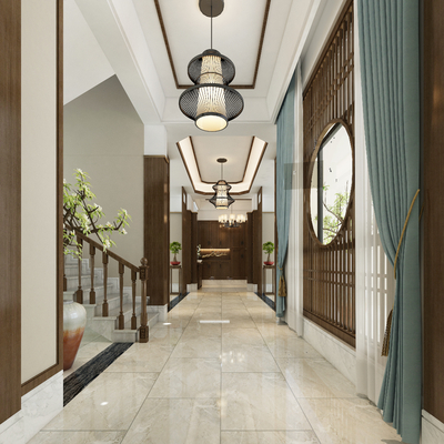  新中式 会所过道su模型 