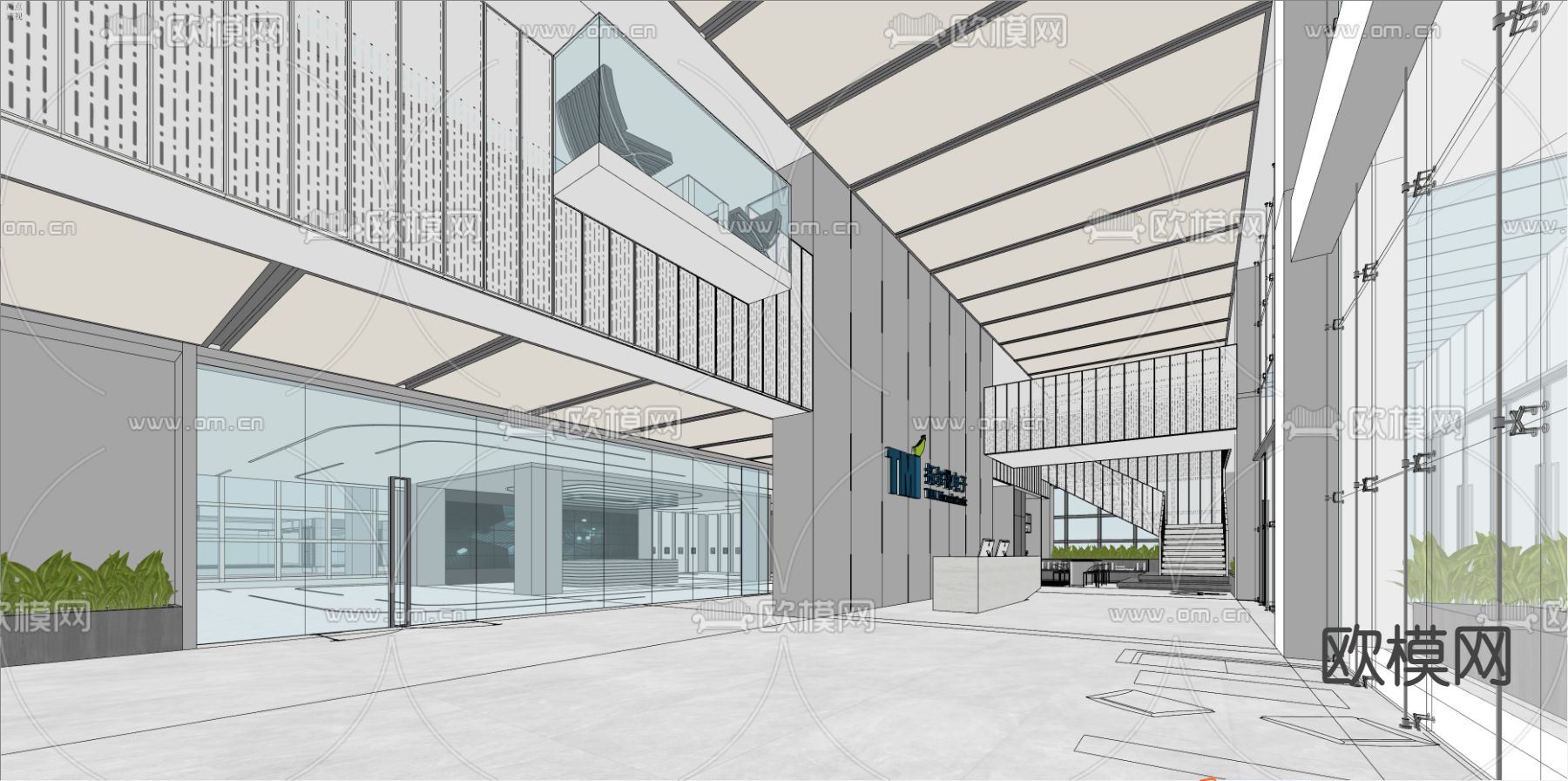 现代办公大堂 电梯间su模型下载（渲染图1）