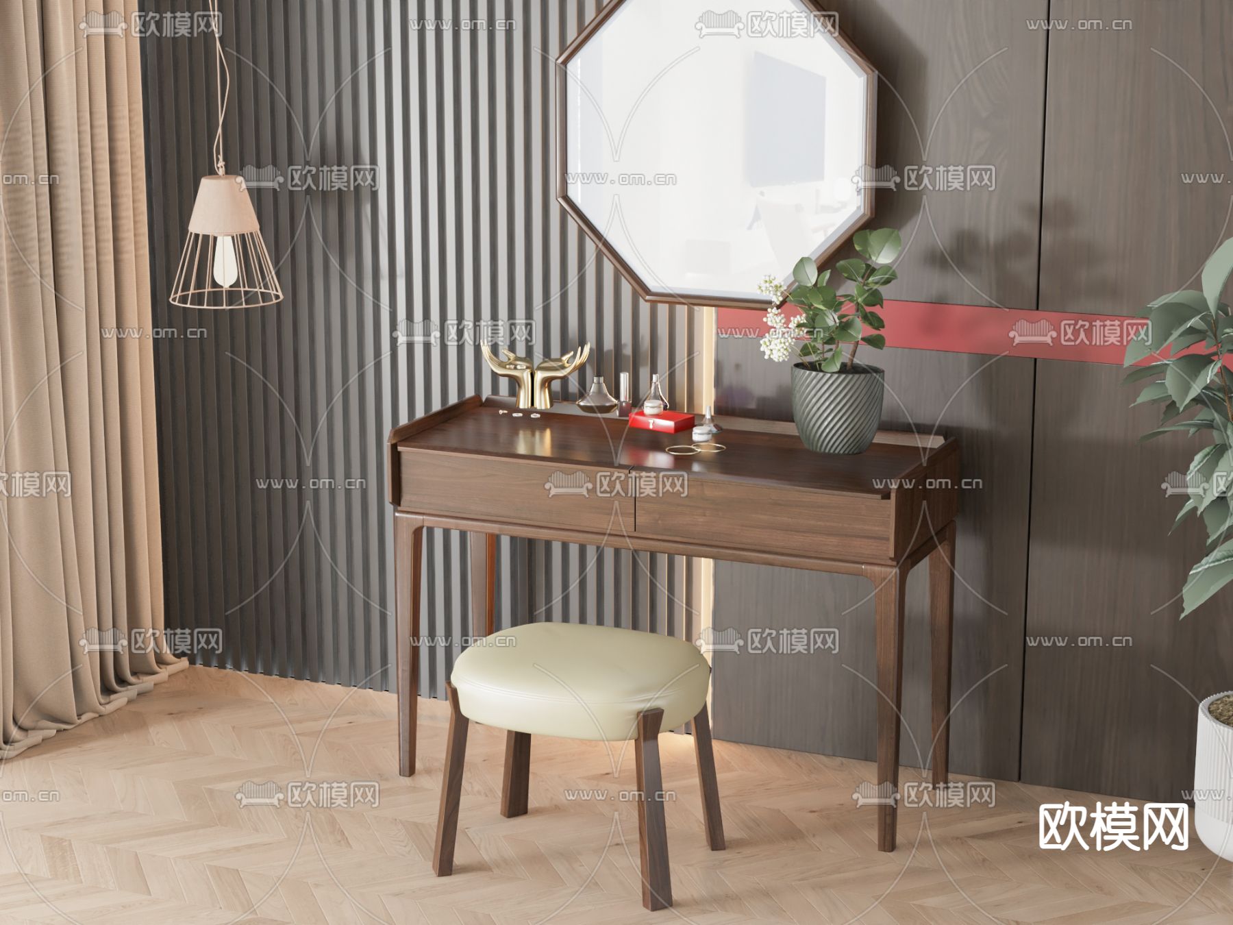 美式梳妆台su模型下载（渲染图2）