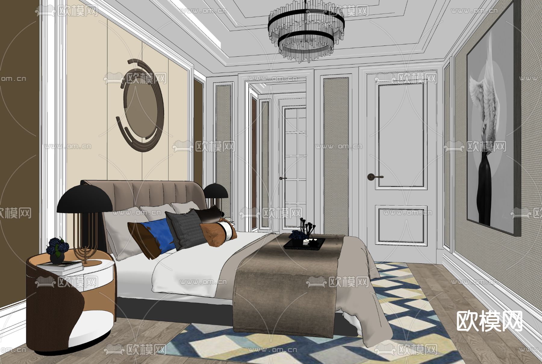 欧式卧室 主卧 主人房su模型下载（渲染图2）