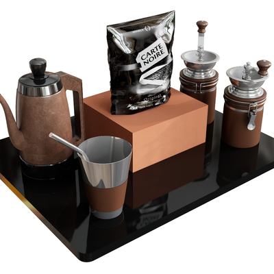  手磨咖啡 咖啡壶 咖啡豆 咖啡杯子 纸巾盒su模型 