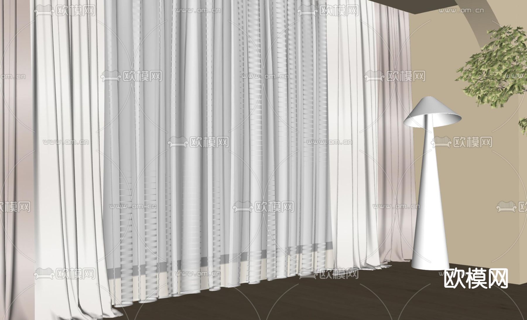 奶油风窗帘 纱帘 透光帘su模型下载（渲染图2）