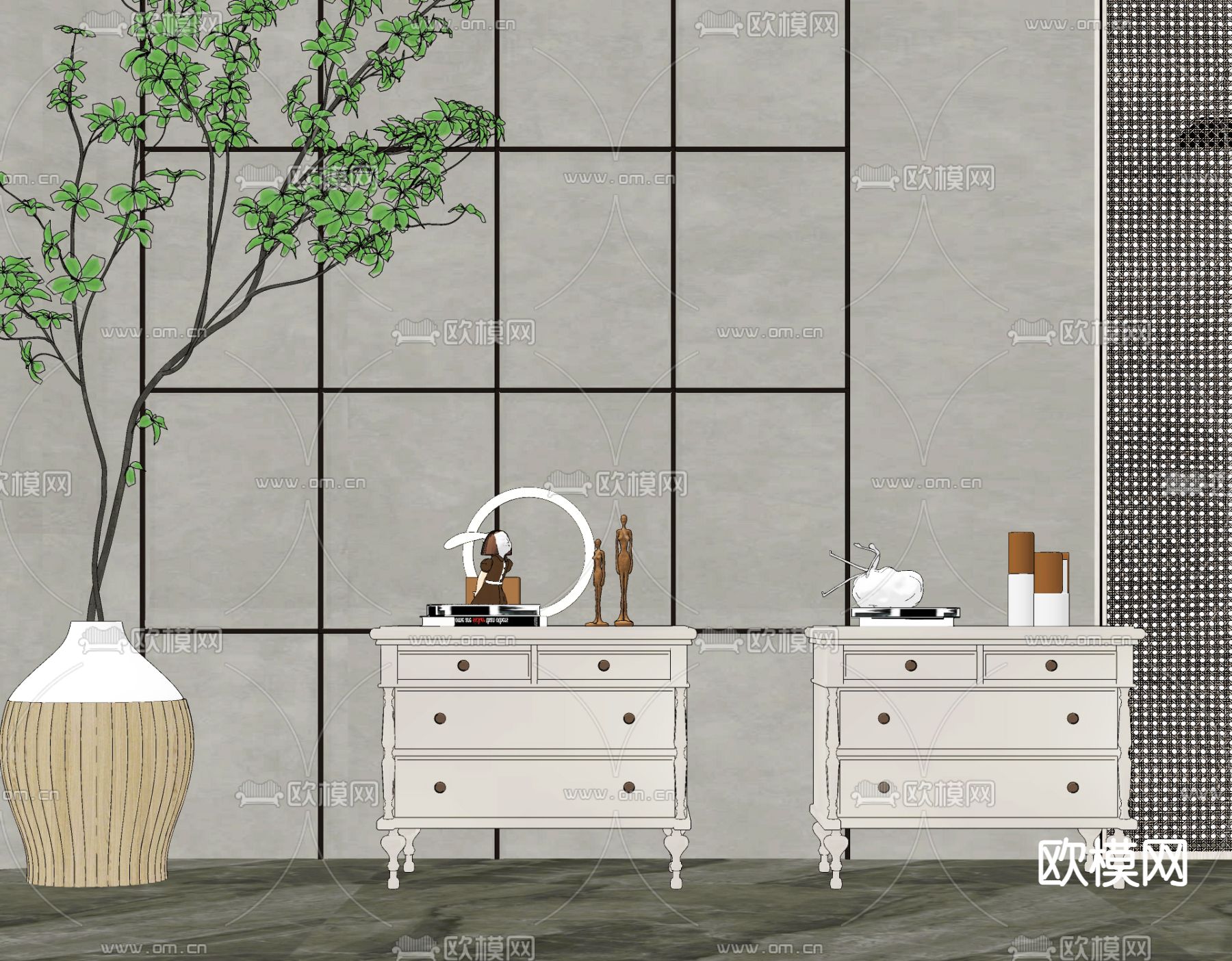 法式床头柜su模型下载（渲染图2）