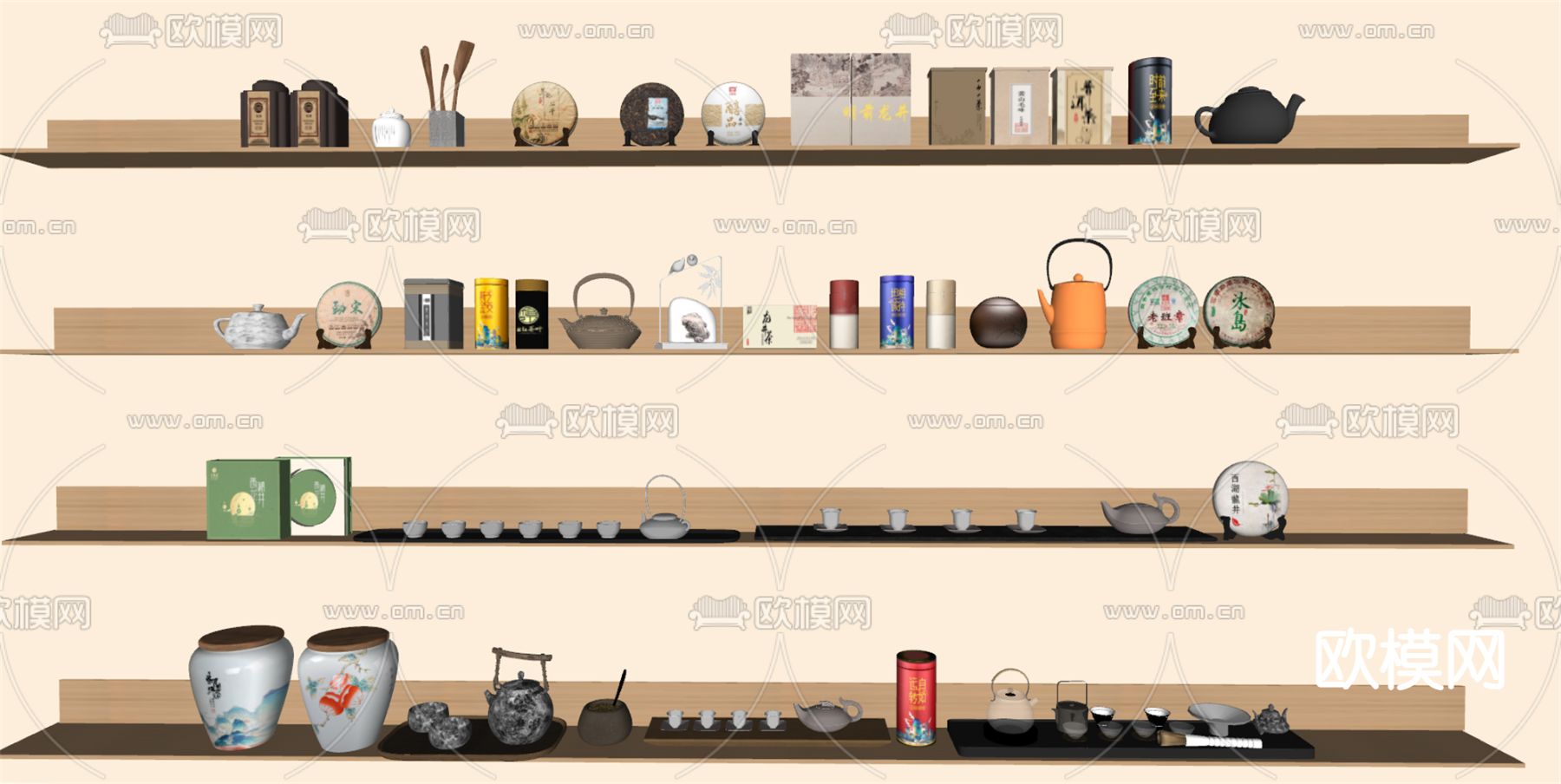 新中式茶具 茶壶 茶叶 茶饼su模型下载（渲染图2）