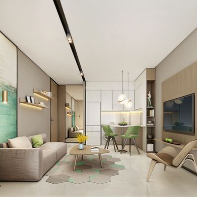  现代公寓 客餐厅su模型 