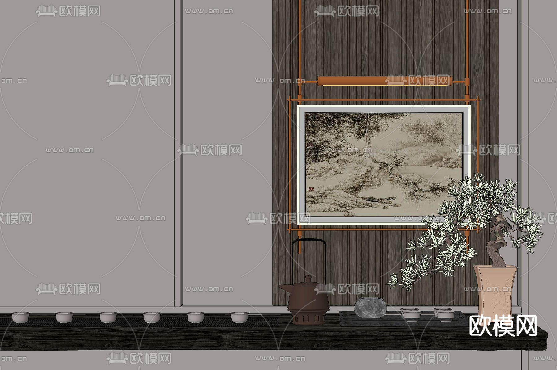 新中式茶具 茶壶 茶盘su模型下载（渲染图1）