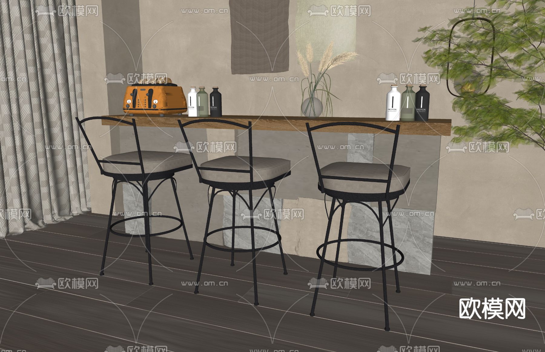 侘寂风吧台吧椅su模型下载（渲染图1）