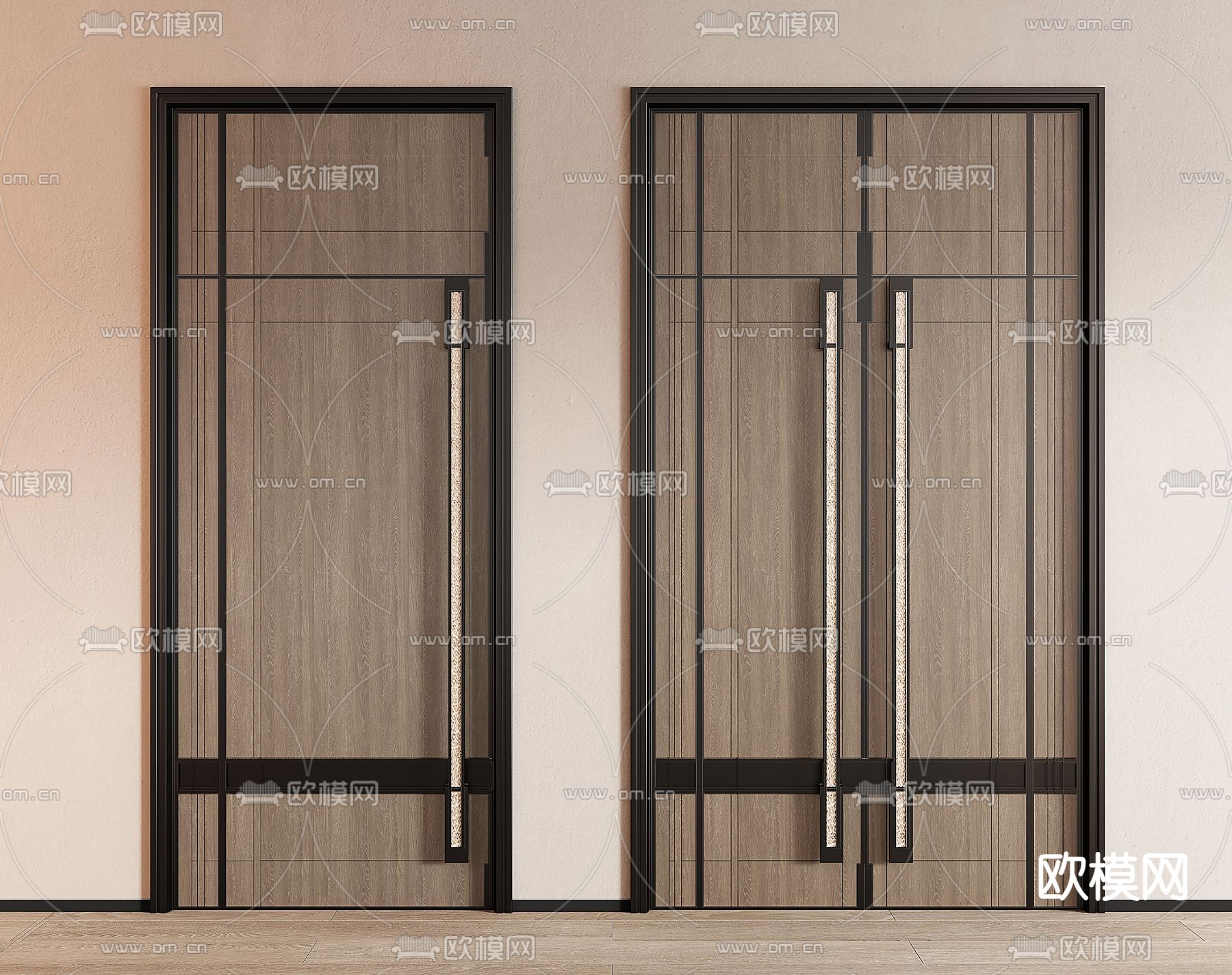 新中式双开门 入户门 木门 通顶门su模型下载（渲染图1）