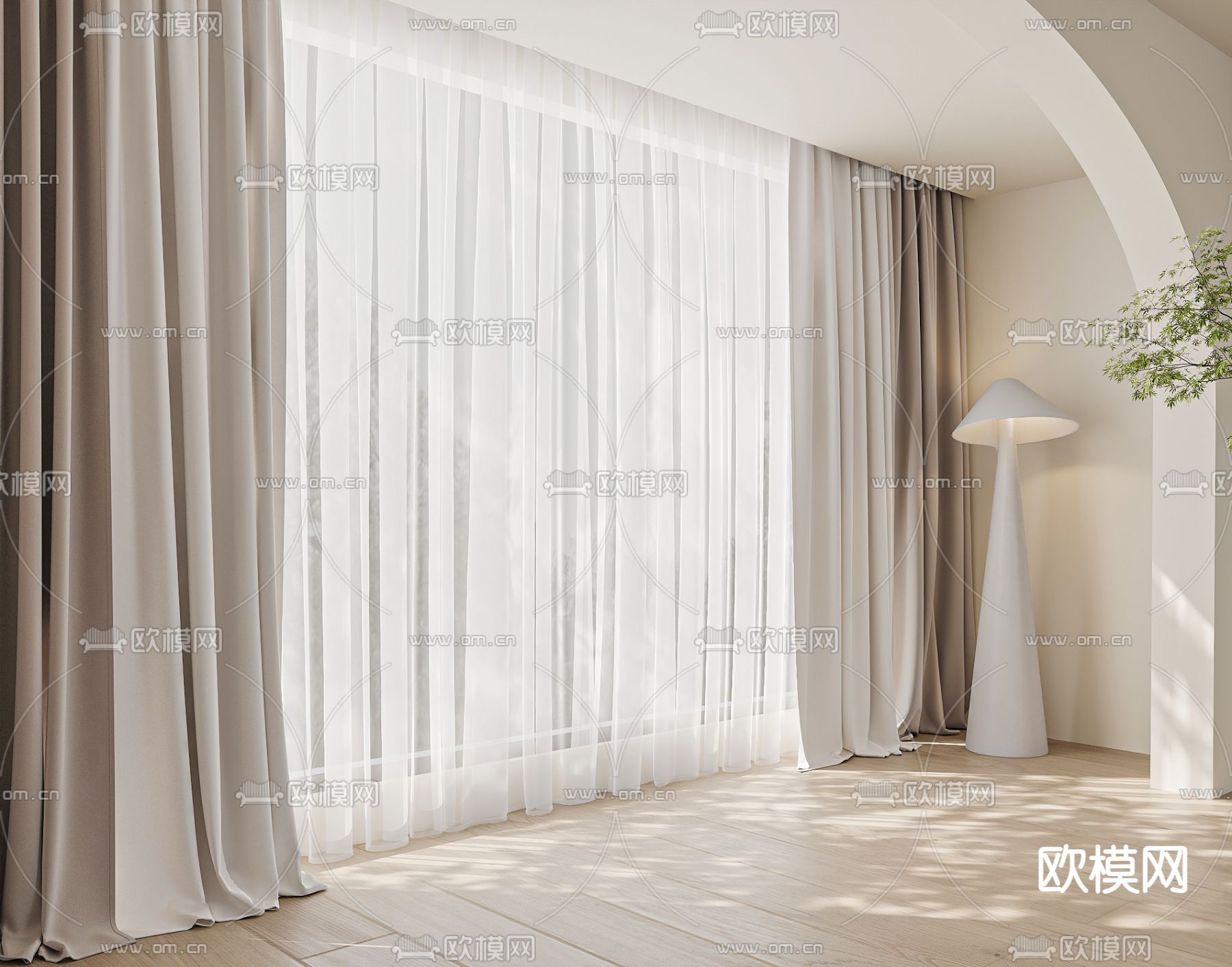 奶油风窗帘 纱帘 透光帘su模型下载（渲染图1）