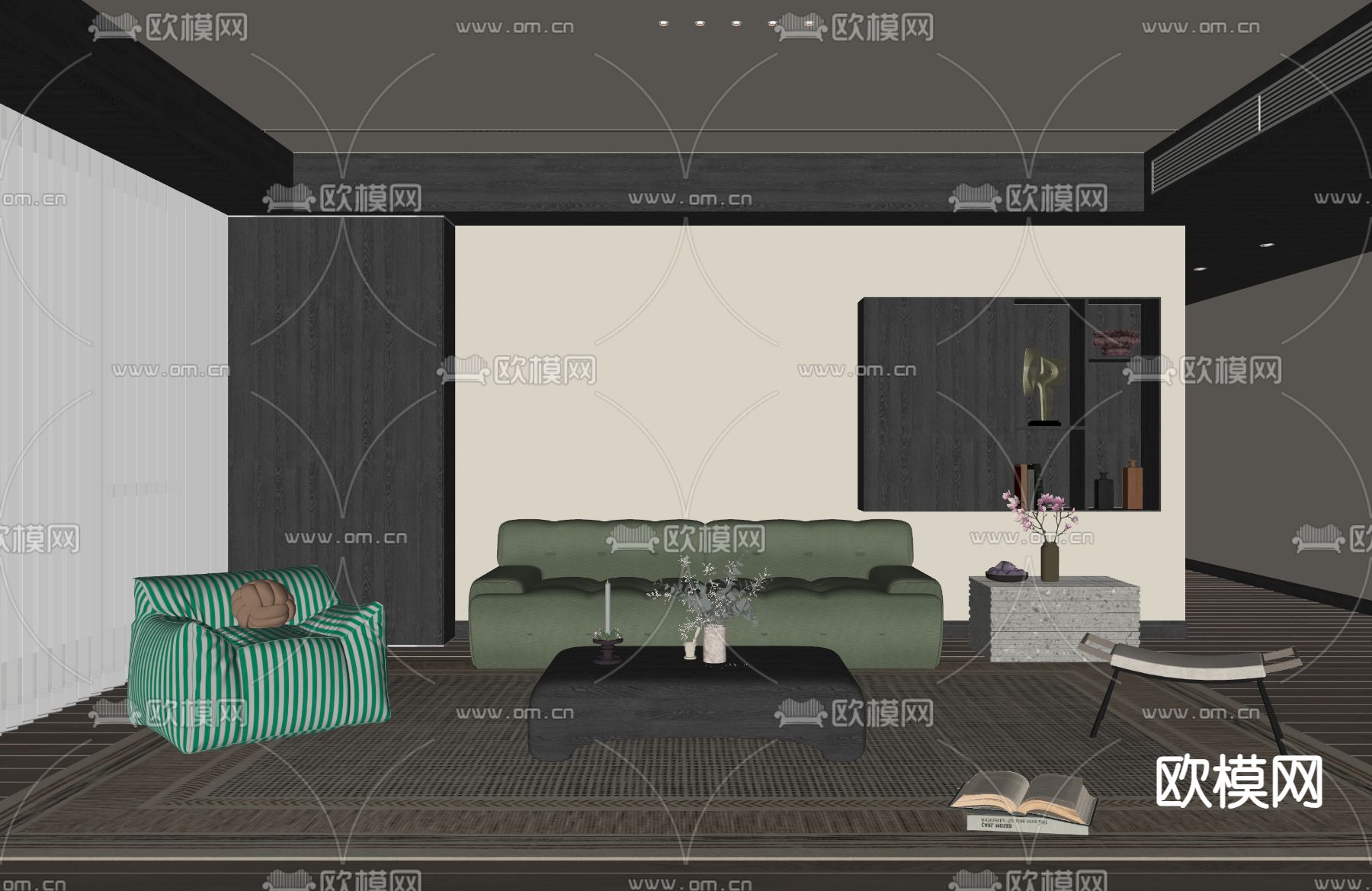 中古风客厅su模型下载（渲染图2）