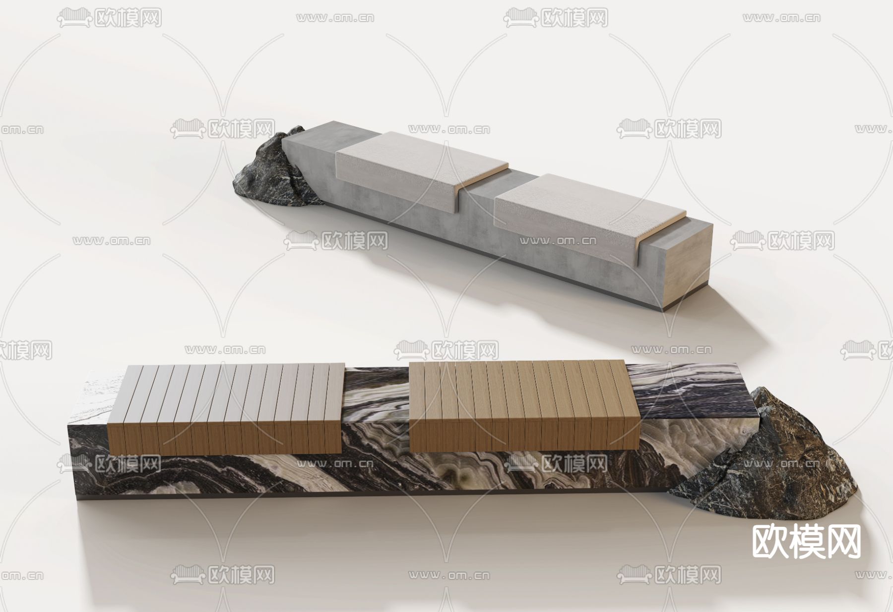 现代户外椅 景观长凳 长条石凳su模型下载（渲染图1）