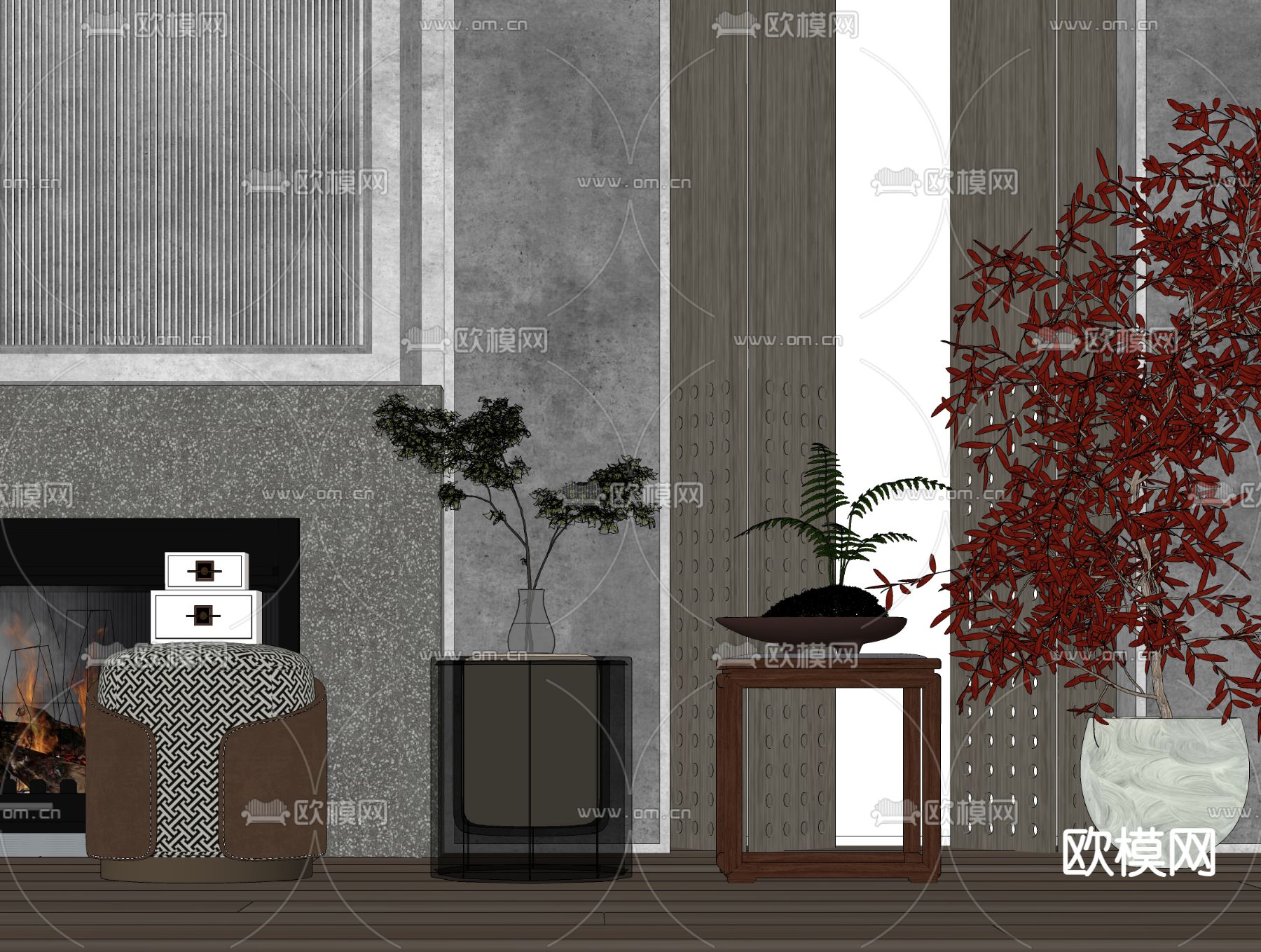 新中式矮凳 化妆凳su模型下载（渲染图1）