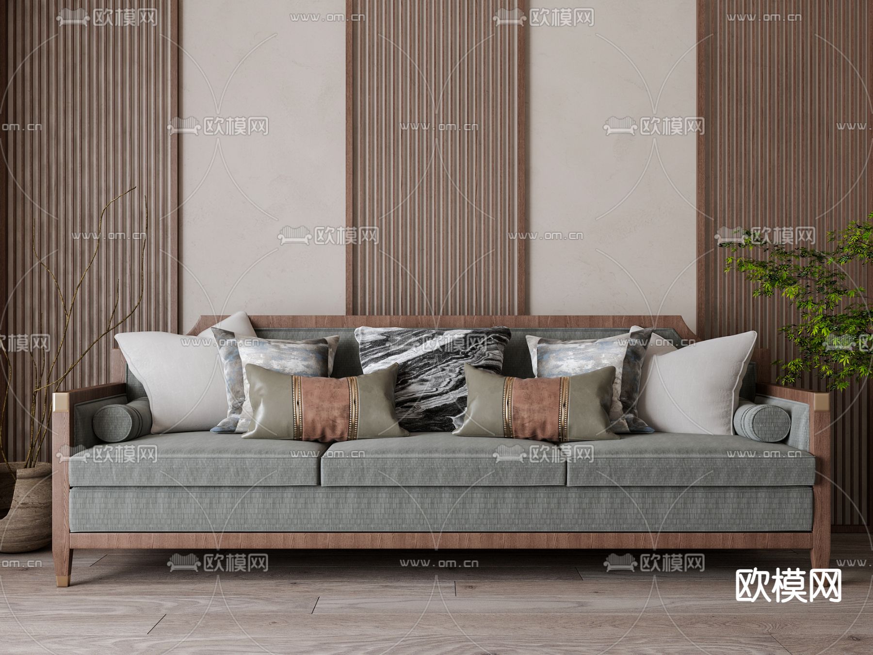 新中式沙发 多人沙发su模型下载（渲染图1）