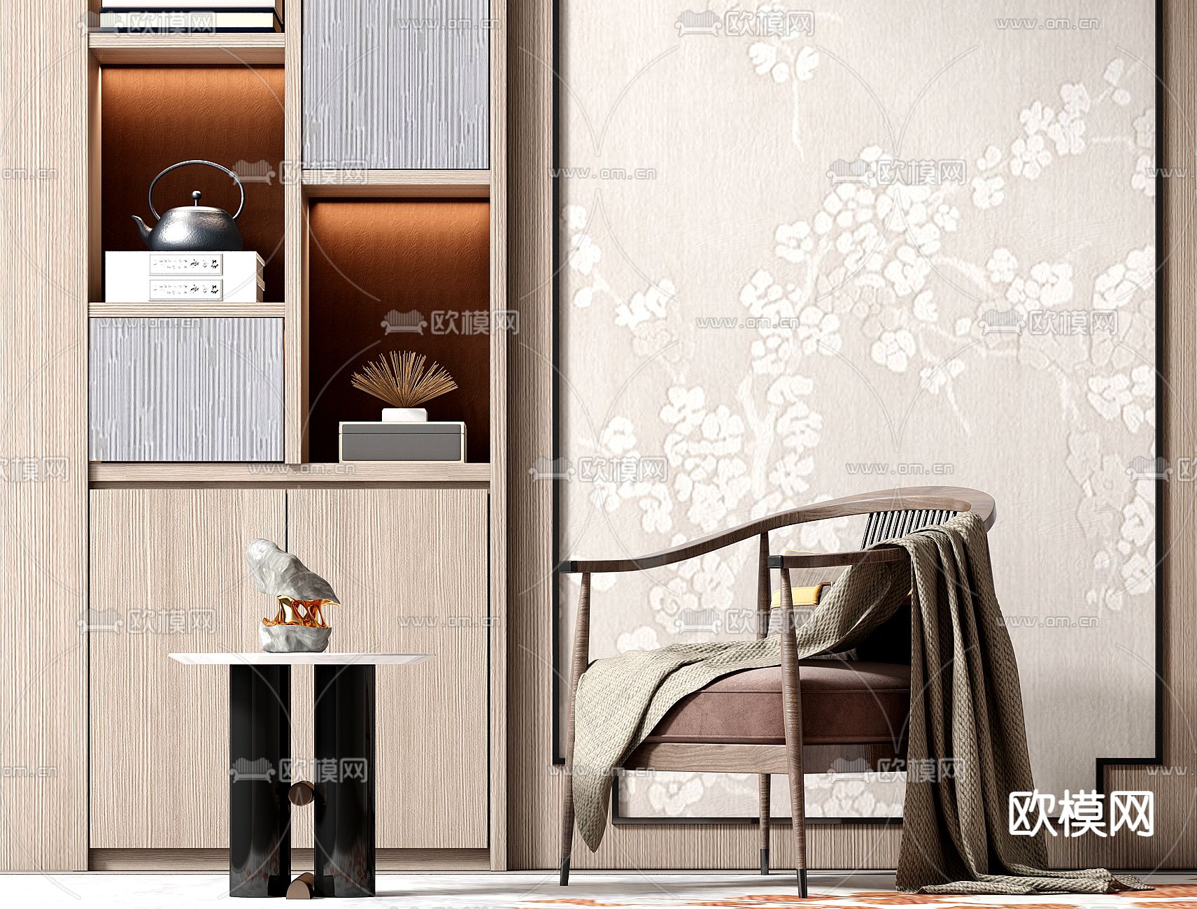 新中式休闲椅su模型下载（渲染图2）