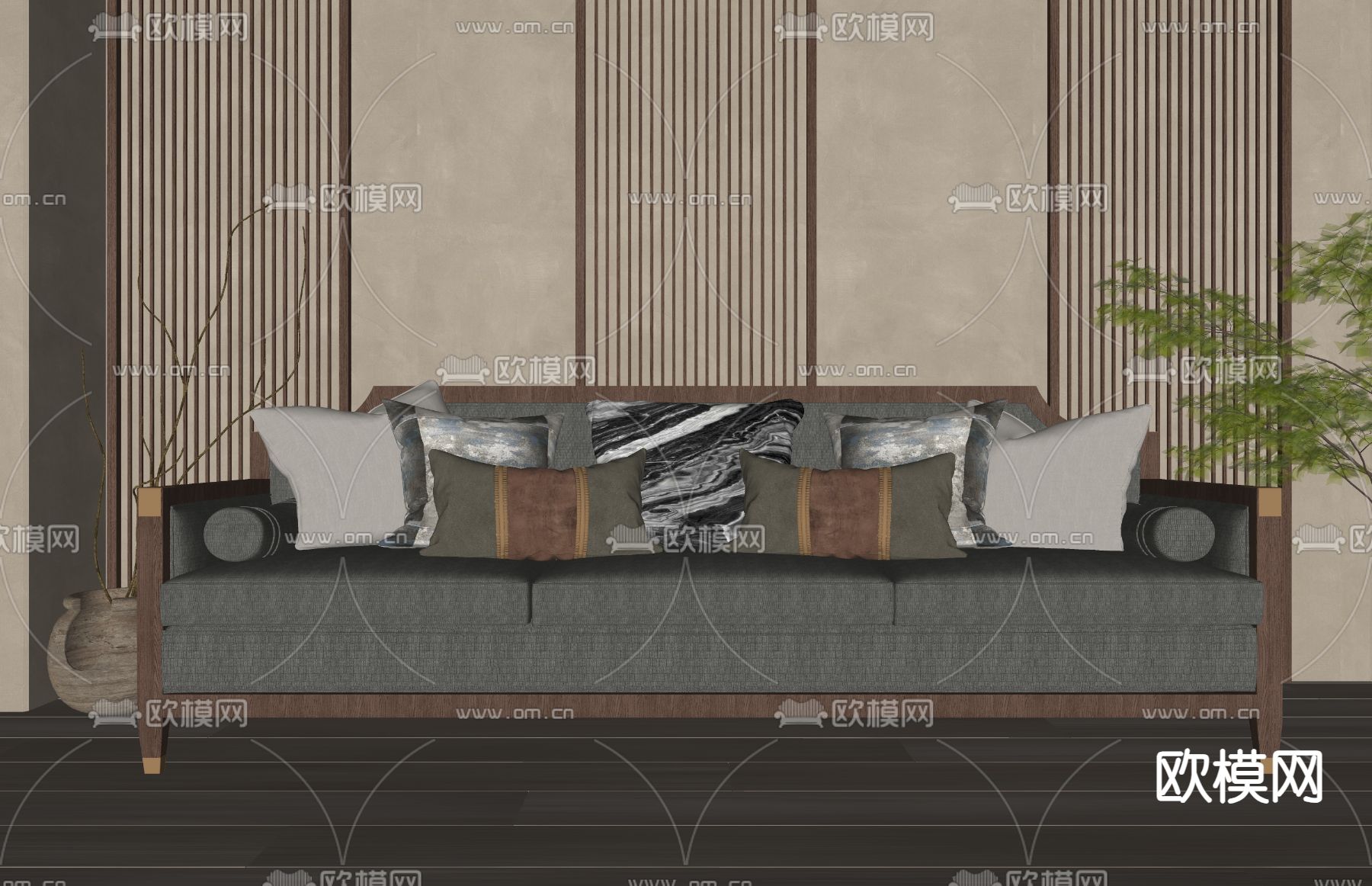 新中式沙发 多人沙发su模型下载（渲染图2）