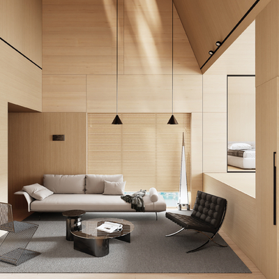  原木风 别墅客厅su模型 