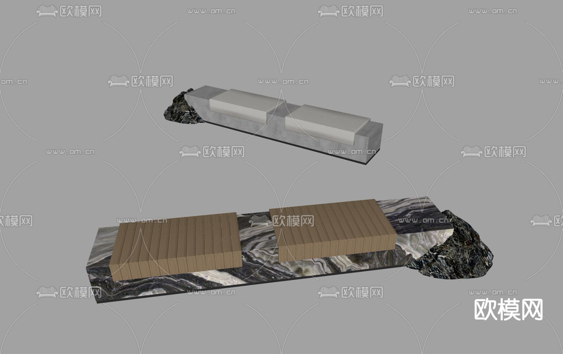 现代户外椅 景观长凳 长条石凳su模型下载（渲染图2）