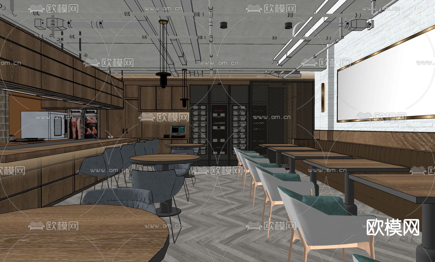 工业风西餐厅su模型下载（渲染图2）