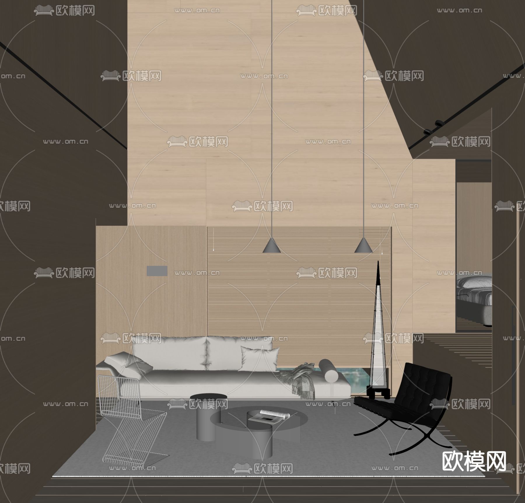 原木风 别墅客厅su模型下载（渲染图2）