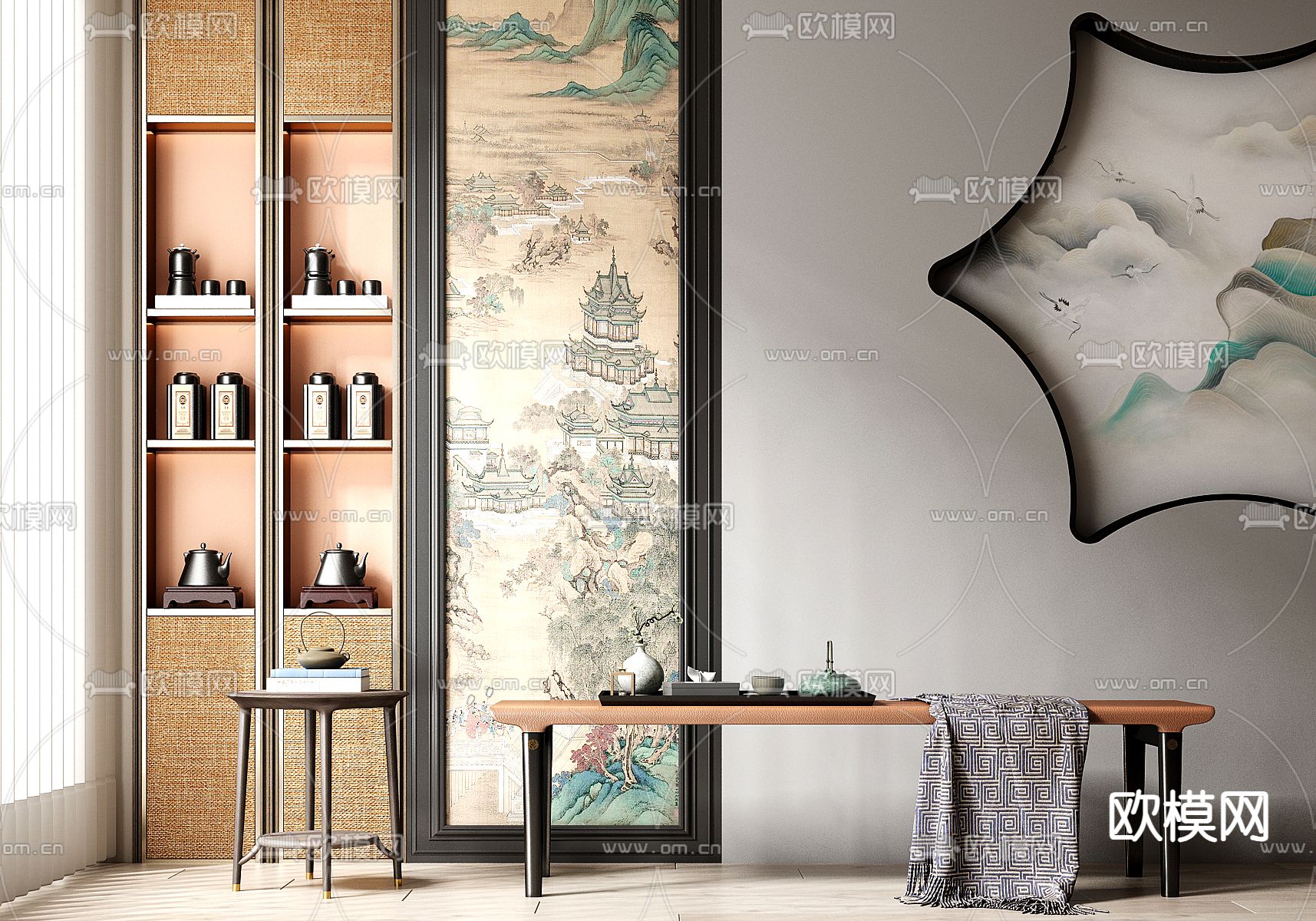 新中式长凳 条凳 凳子su模型下载（渲染图1）