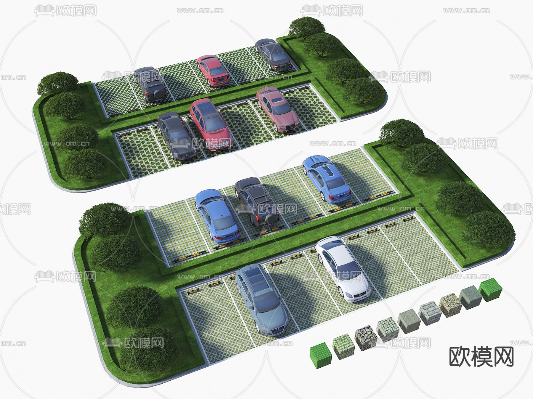 户外停车场 停车位 植草砖su模型下载（渲染图1）