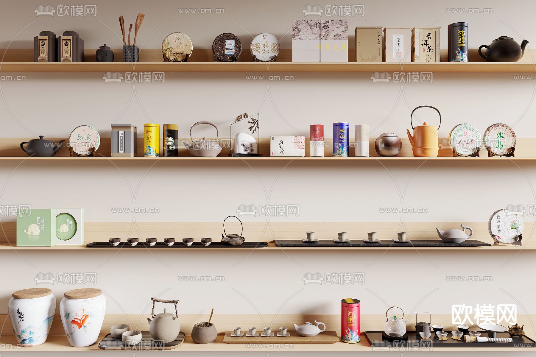 新中式茶具 茶壶 茶叶 茶饼su模型下载（渲染图1）