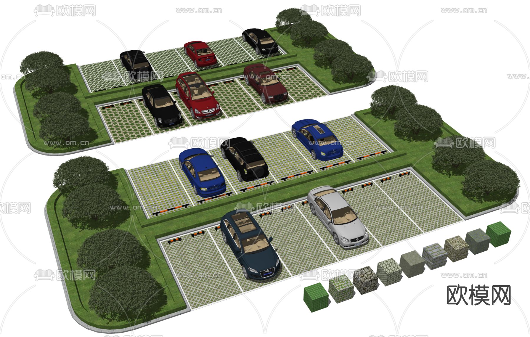 户外停车场 停车位 植草砖su模型下载（渲染图2）