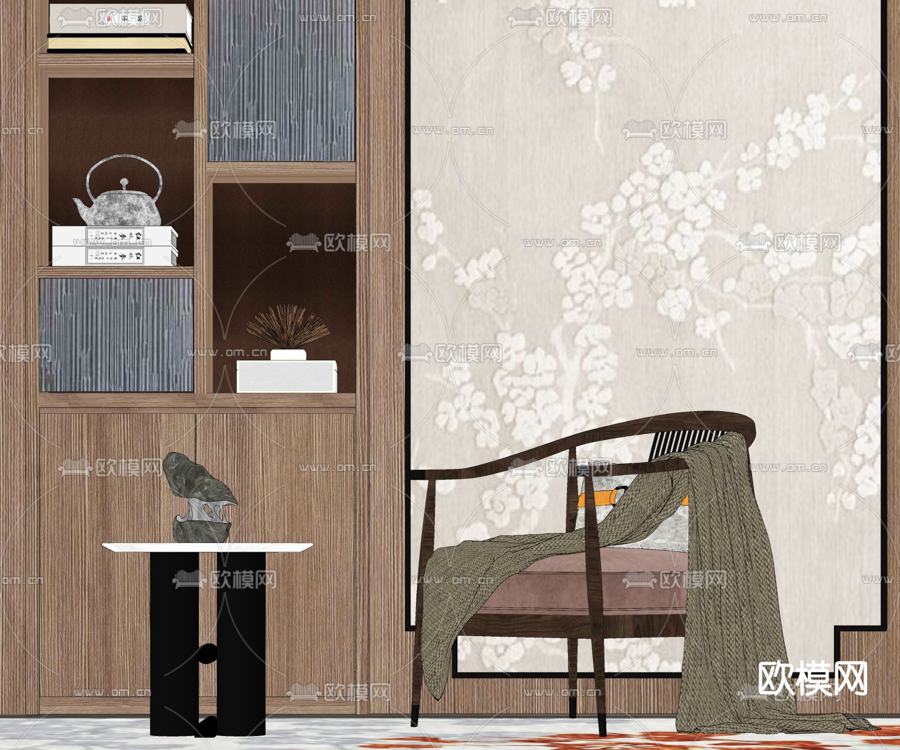 新中式休闲椅su模型下载（渲染图1）