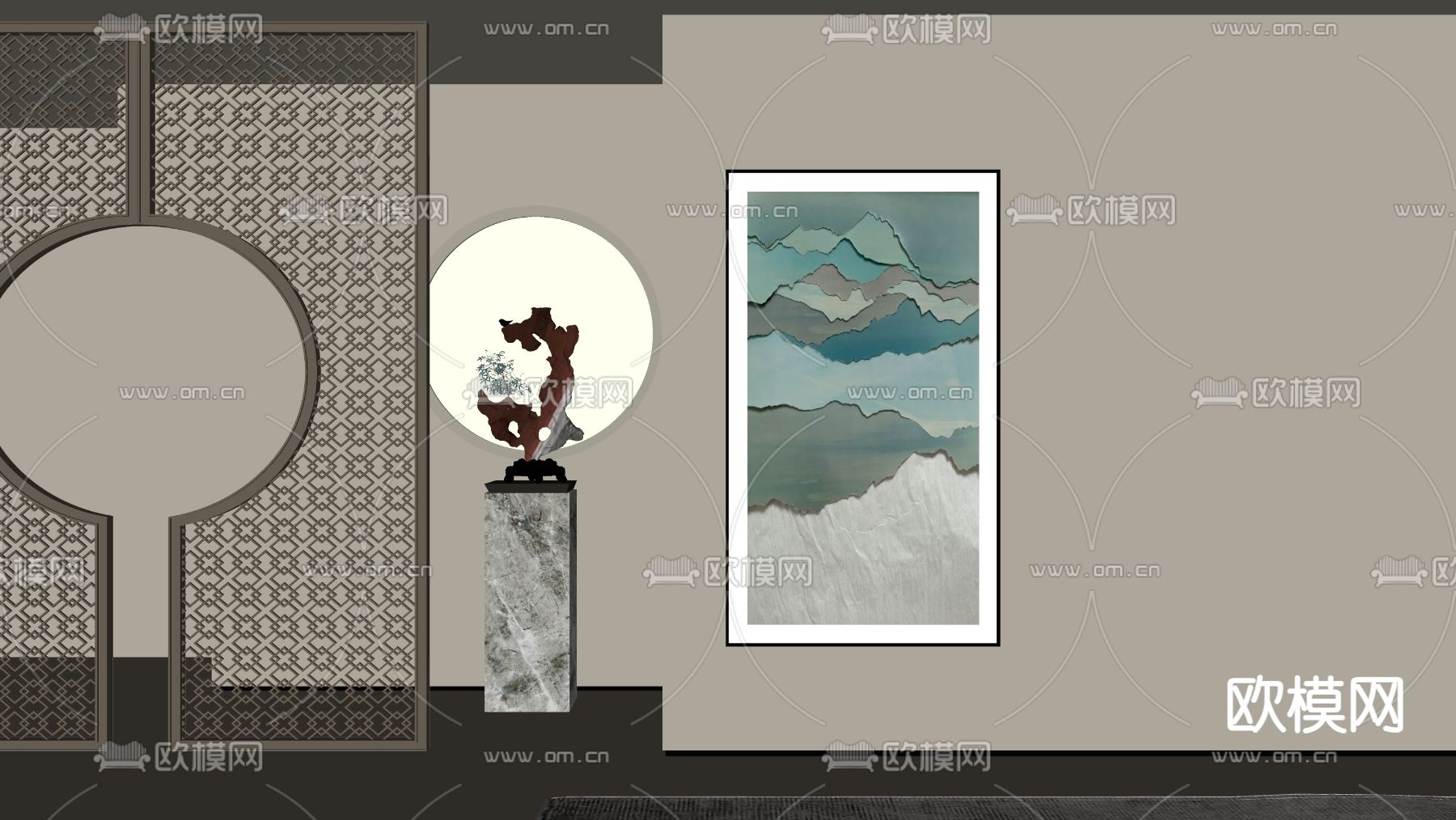 新中式装饰画 禅意挂画su模型下载（渲染图2）