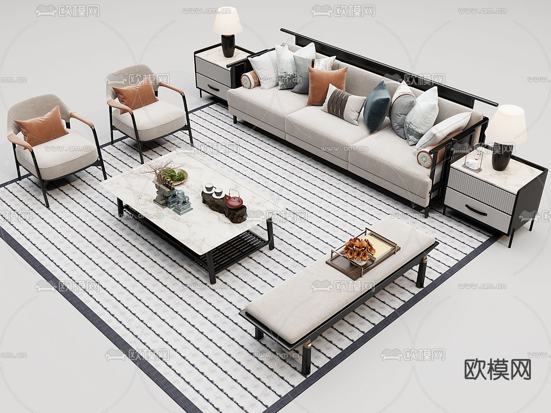 新中式组合沙发3d模型下载