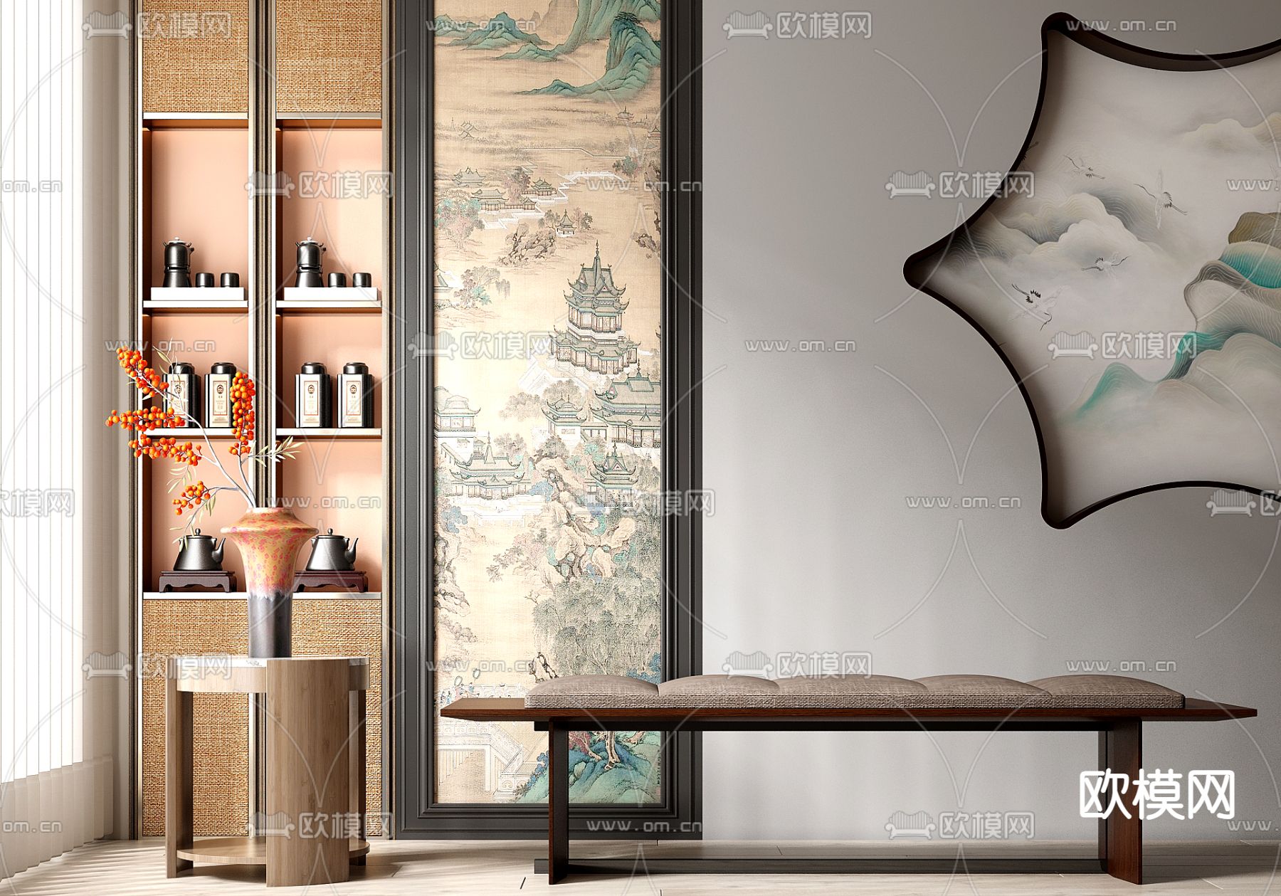 新中式长凳 换鞋凳 角几su模型下载（渲染图1）